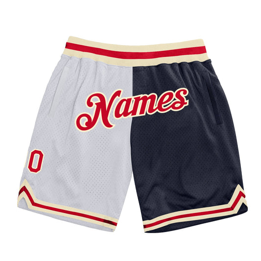 Custom White Red-Navy Authentic Throwback Split Fashion Basketball Shorts - Main View