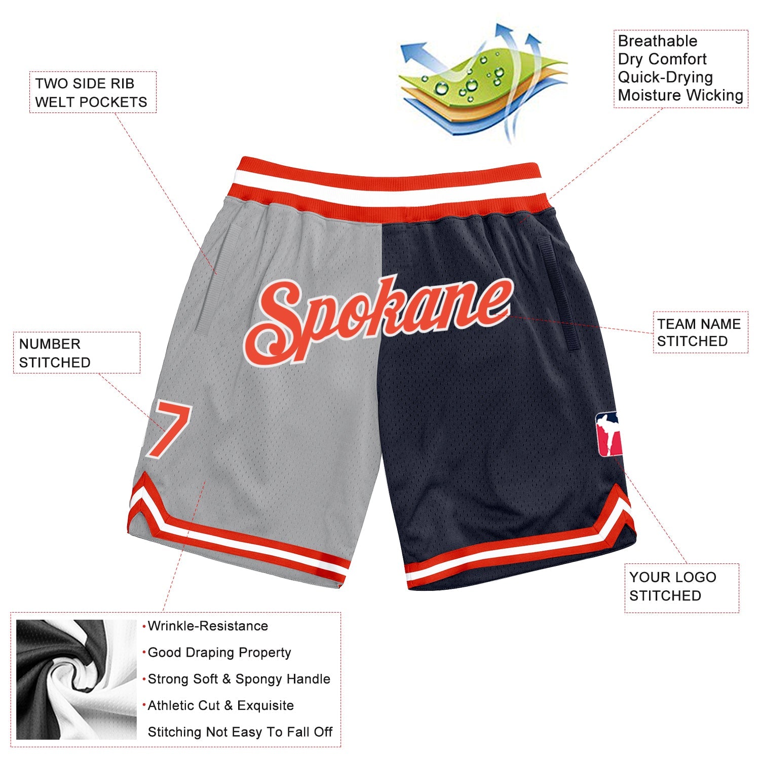Custom Gray Orange-Navy Authentic Throwback Split Fashion Basketball Shorts view 2