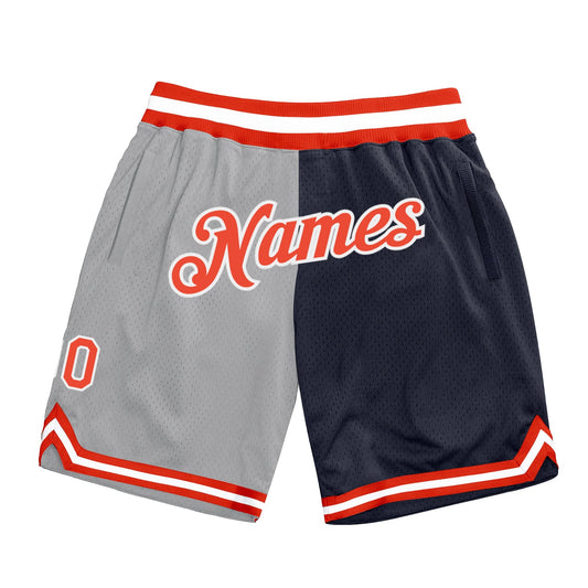 Custom Gray Orange-Navy Authentic Throwback Split Fashion Basketball Shorts - Main View