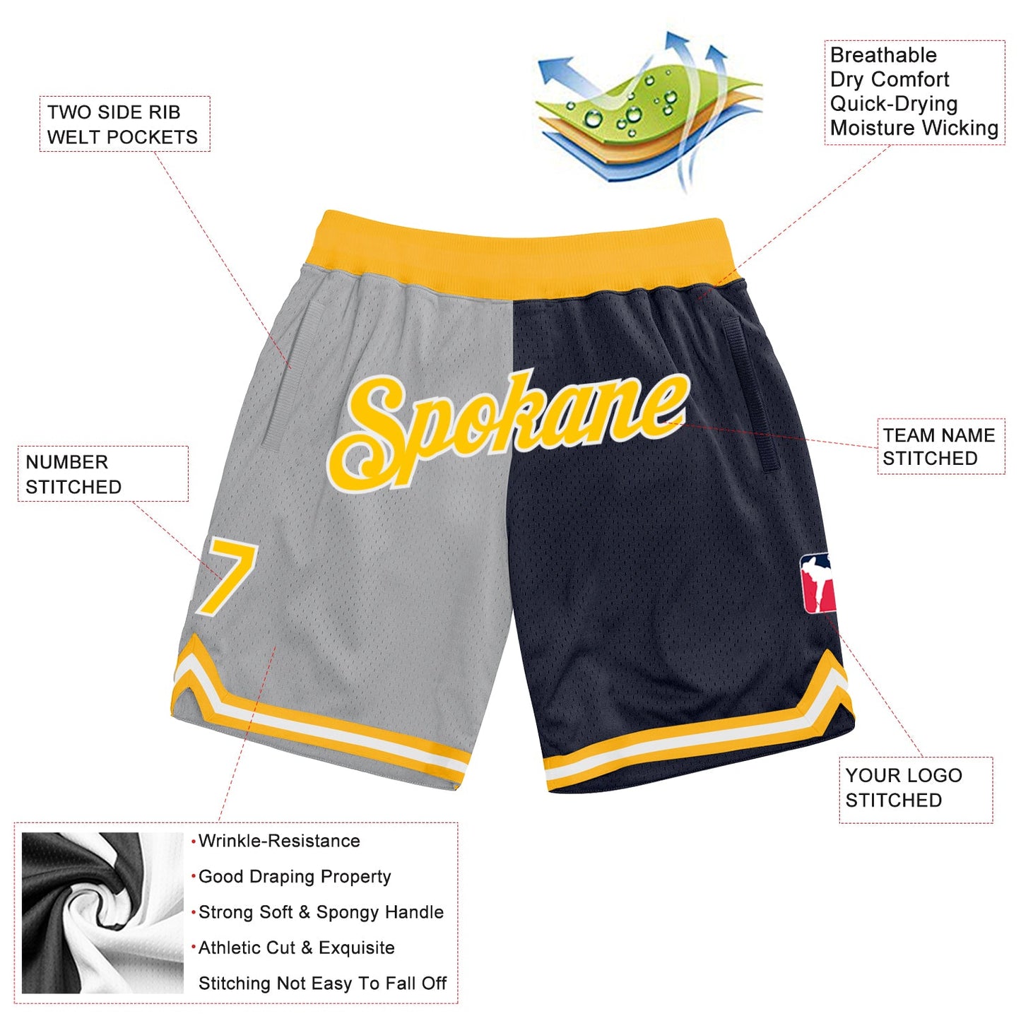 Custom Gray Gold-Navy Authentic Throwback Split Fashion Basketball Shorts view 2