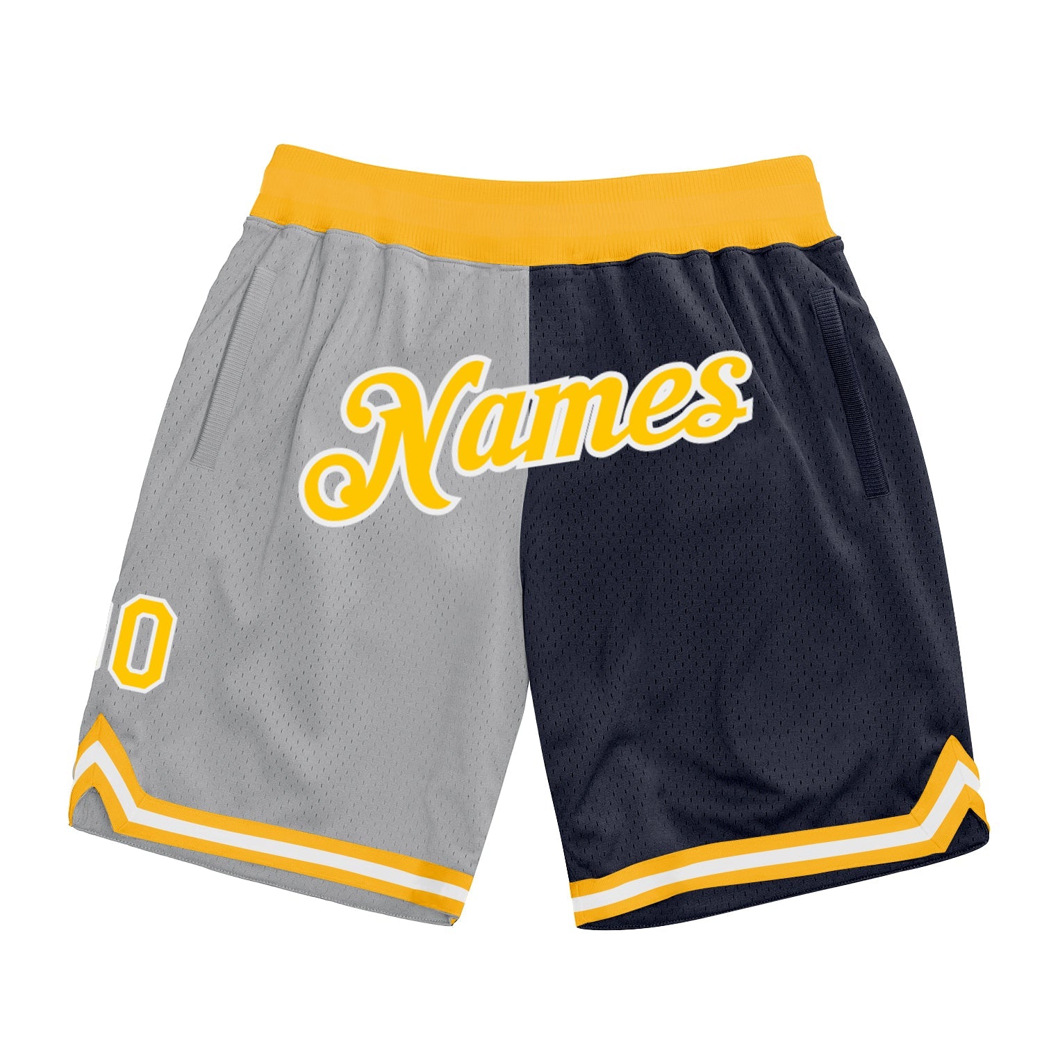 Custom Gray Gold-Navy Authentic Throwback Split Fashion Basketball Shorts - Main View