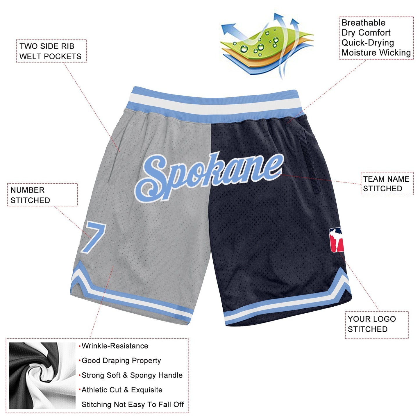 Custom Gray Light Blue-Navy Authentic Throwback Split Fashion Basketball Shorts view 2