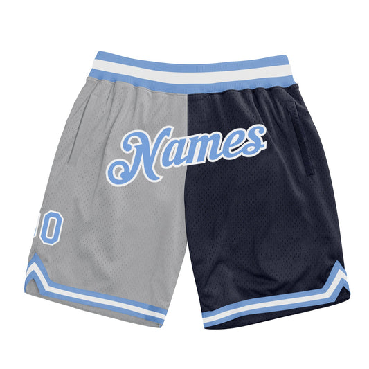 Custom Gray Light Blue-Navy Authentic Throwback Split Fashion Basketball Shorts - Main View