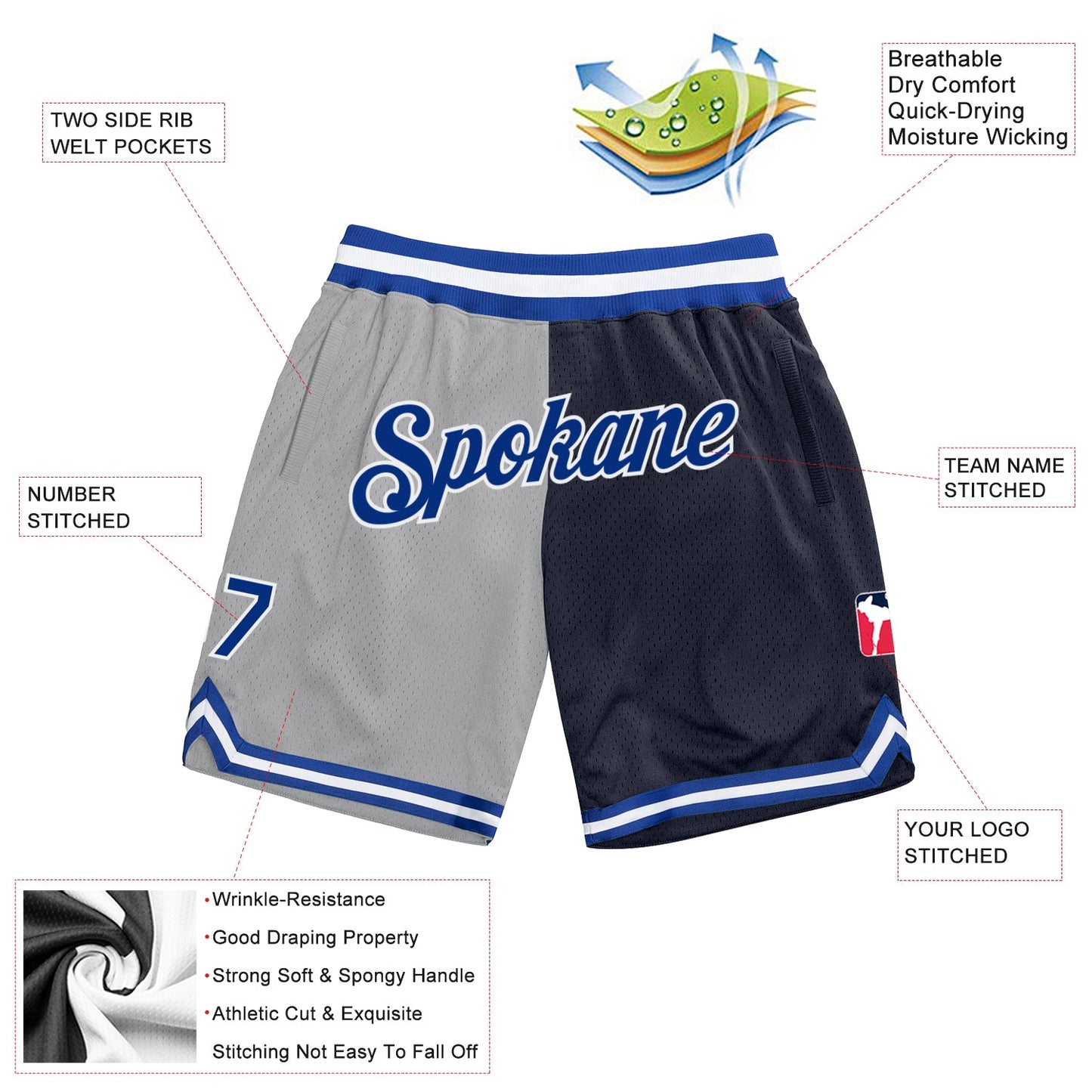 Custom Gray Royal-Navy Authentic Throwback Split Fashion Basketball Shorts view 2
