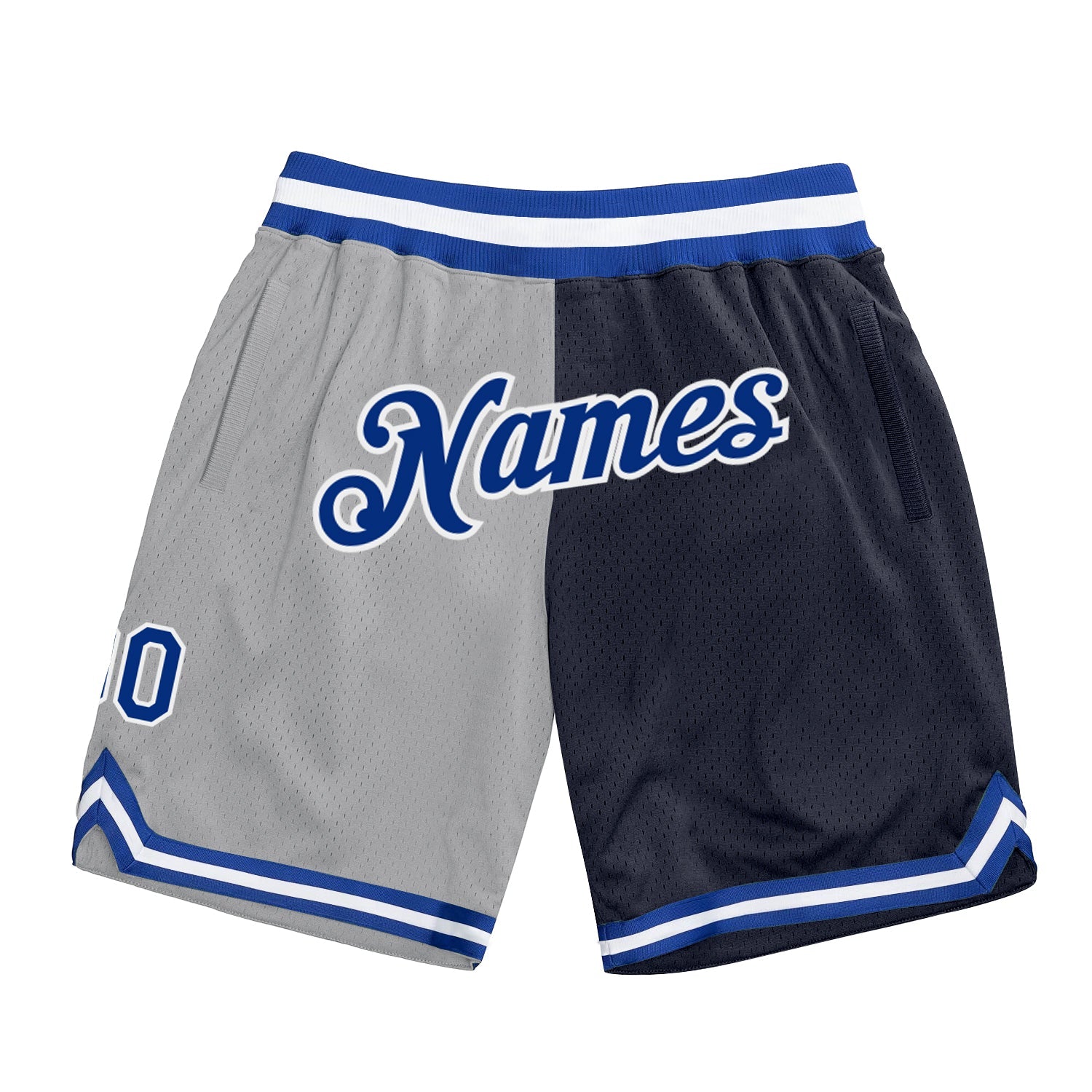 Custom Gray Royal-Navy Authentic Throwback Split Fashion Basketball Shorts - Main View