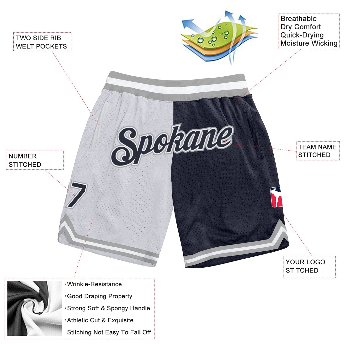 Custom White Navy-Gray Authentic Throwback Split Fashion Basketball Shorts view 2
