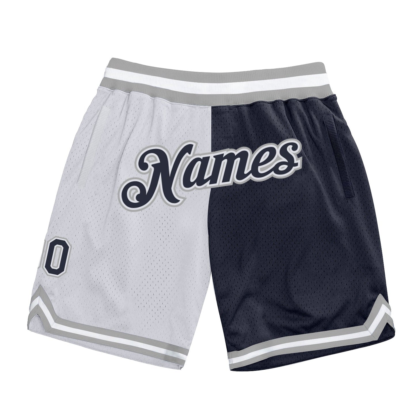 Custom White Navy-Gray Authentic Throwback Split Fashion Basketball Shorts - Main View