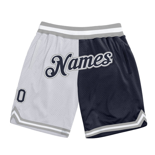 Custom White Navy-Gray Authentic Throwback Split Fashion Basketball Shorts - Main View
