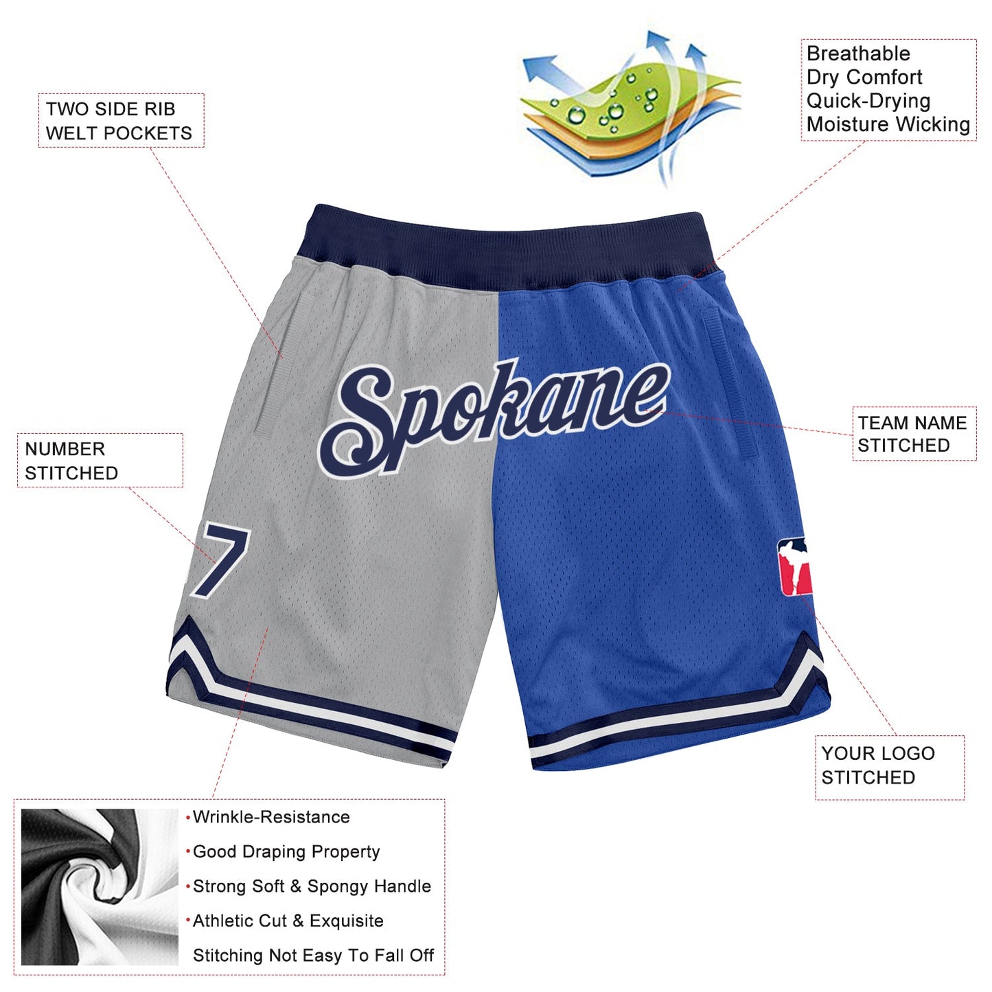 Custom Gray Navy-Blue Authentic Throwback Split Fashion Basketball Shorts view 2