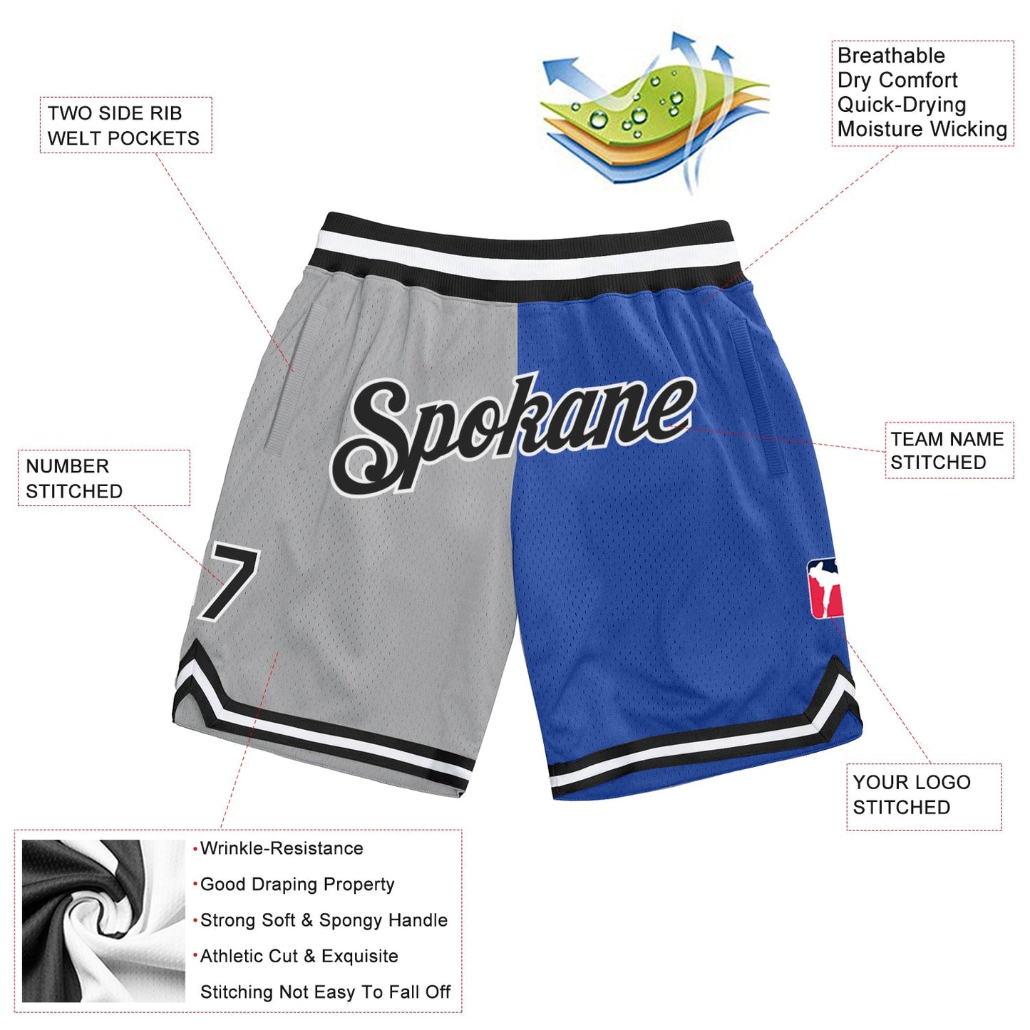 Custom Gray Black-Blue Authentic Throwback Split Fashion Basketball Shorts view 2
