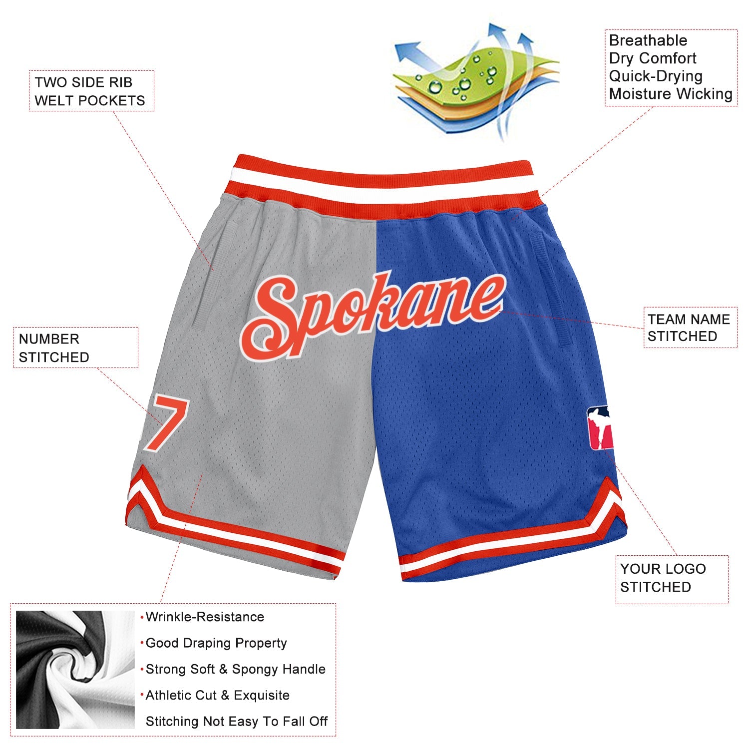 Custom Gray Orange-Blue Authentic Throwback Split Fashion Basketball Shorts view 2