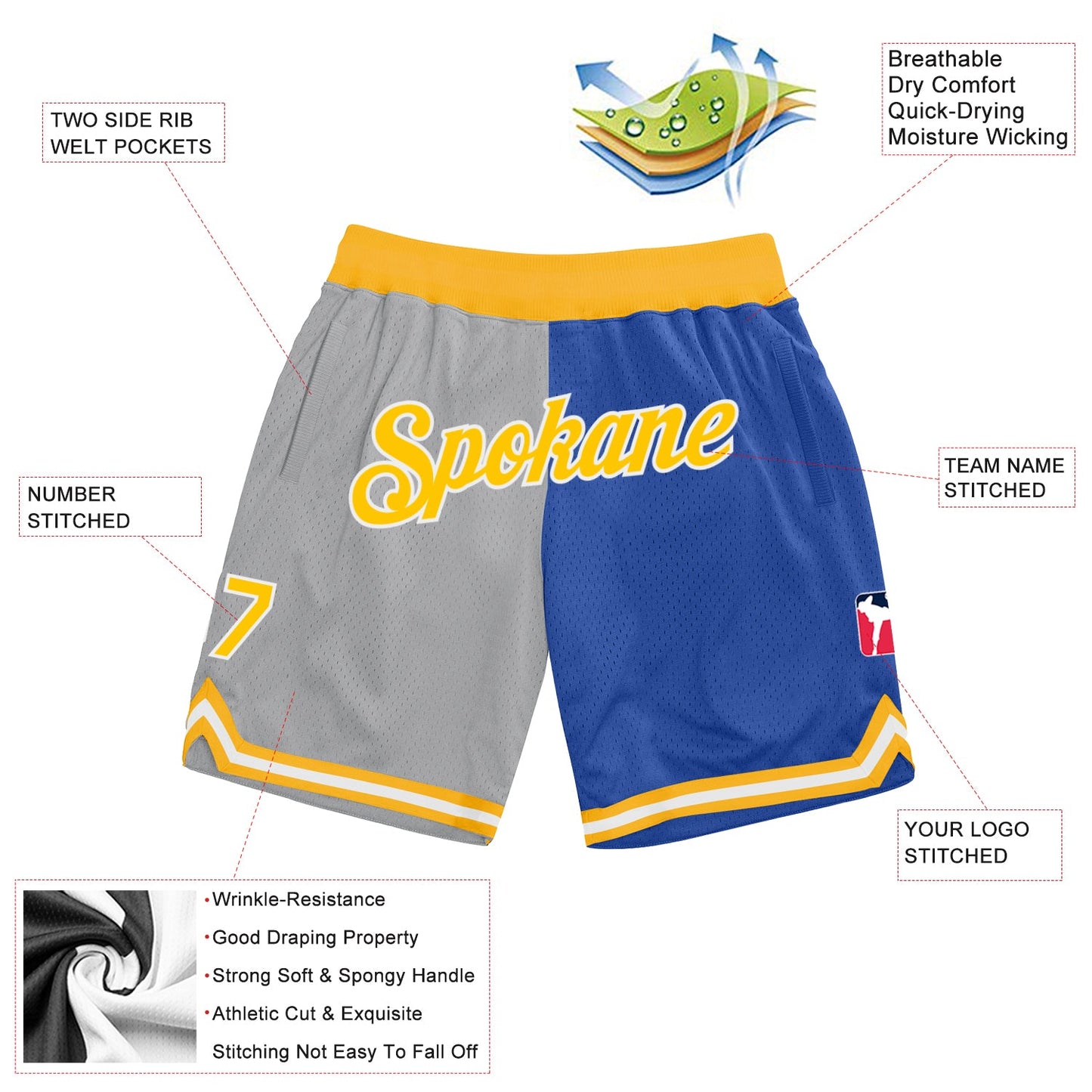 Custom Gray Gold-Blue Authentic Throwback Split Fashion Basketball Shorts view 2