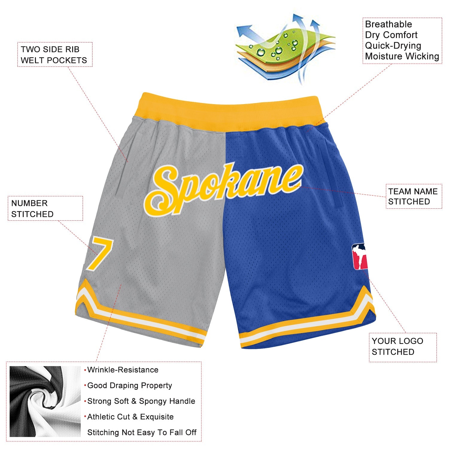 Custom Gray Gold-Blue Authentic Throwback Split Fashion Basketball Shorts view 2