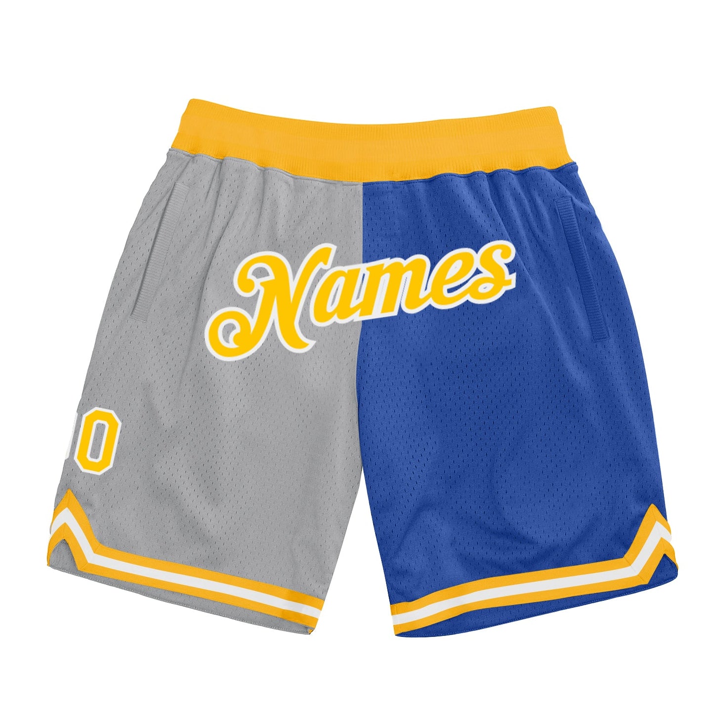 Custom Gray Gold-Blue Authentic Throwback Split Fashion Basketball Shorts - Main View