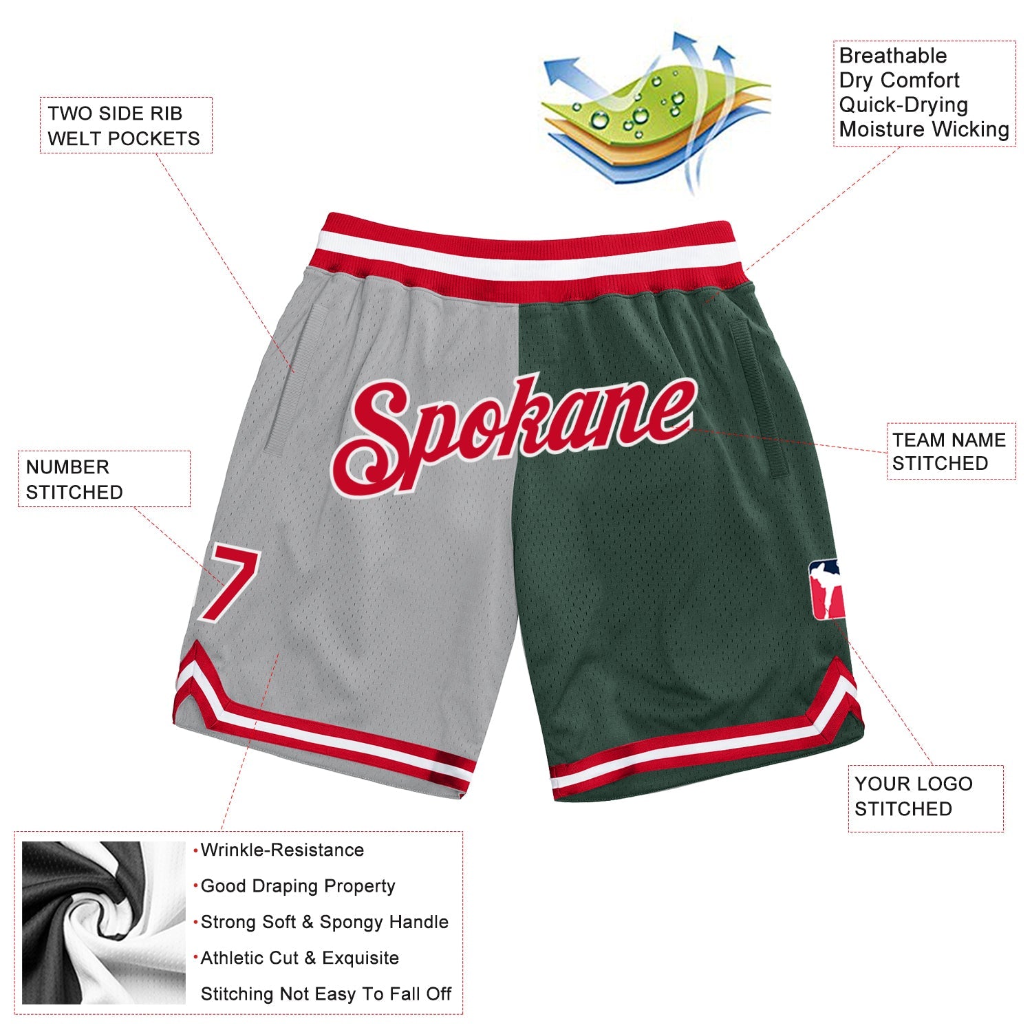 Custom Gray Red-Hunter Green Authentic Throwback Split Fashion Basketball Shorts view 2