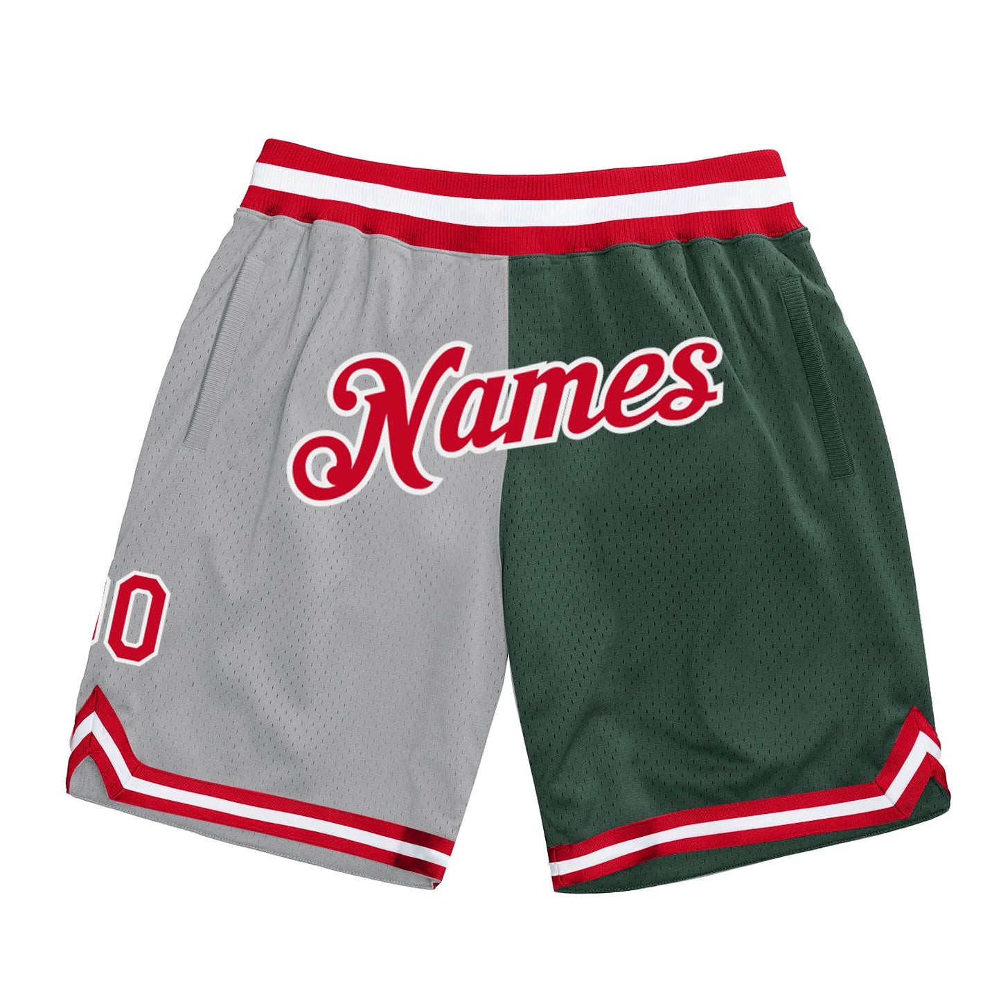 Custom Gray Red-Hunter Green Authentic Throwback Split Fashion Basketball Shorts - Main View