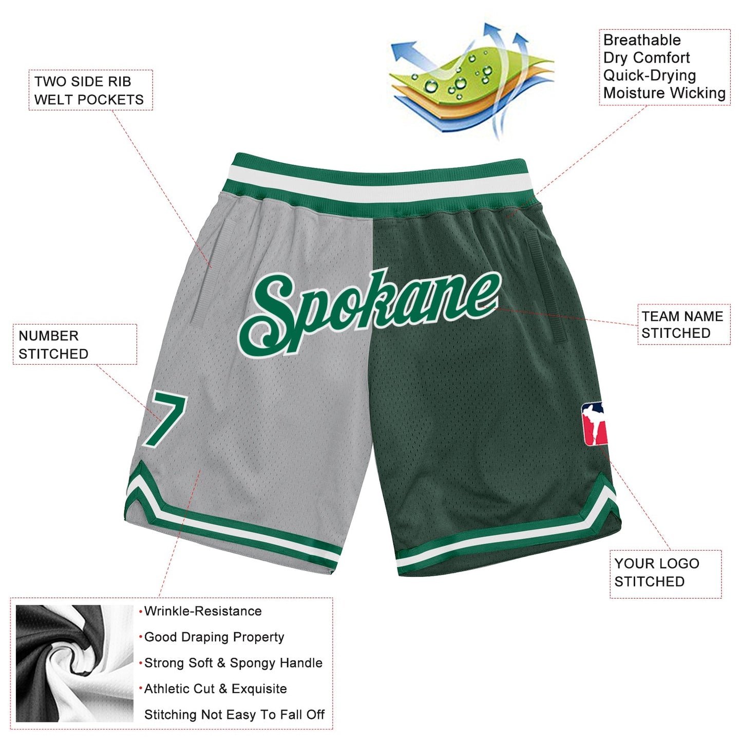 Custom Gray Kelly Green-Hunter Green Authentic Throwback Split Fashion Basketball Shorts view 2