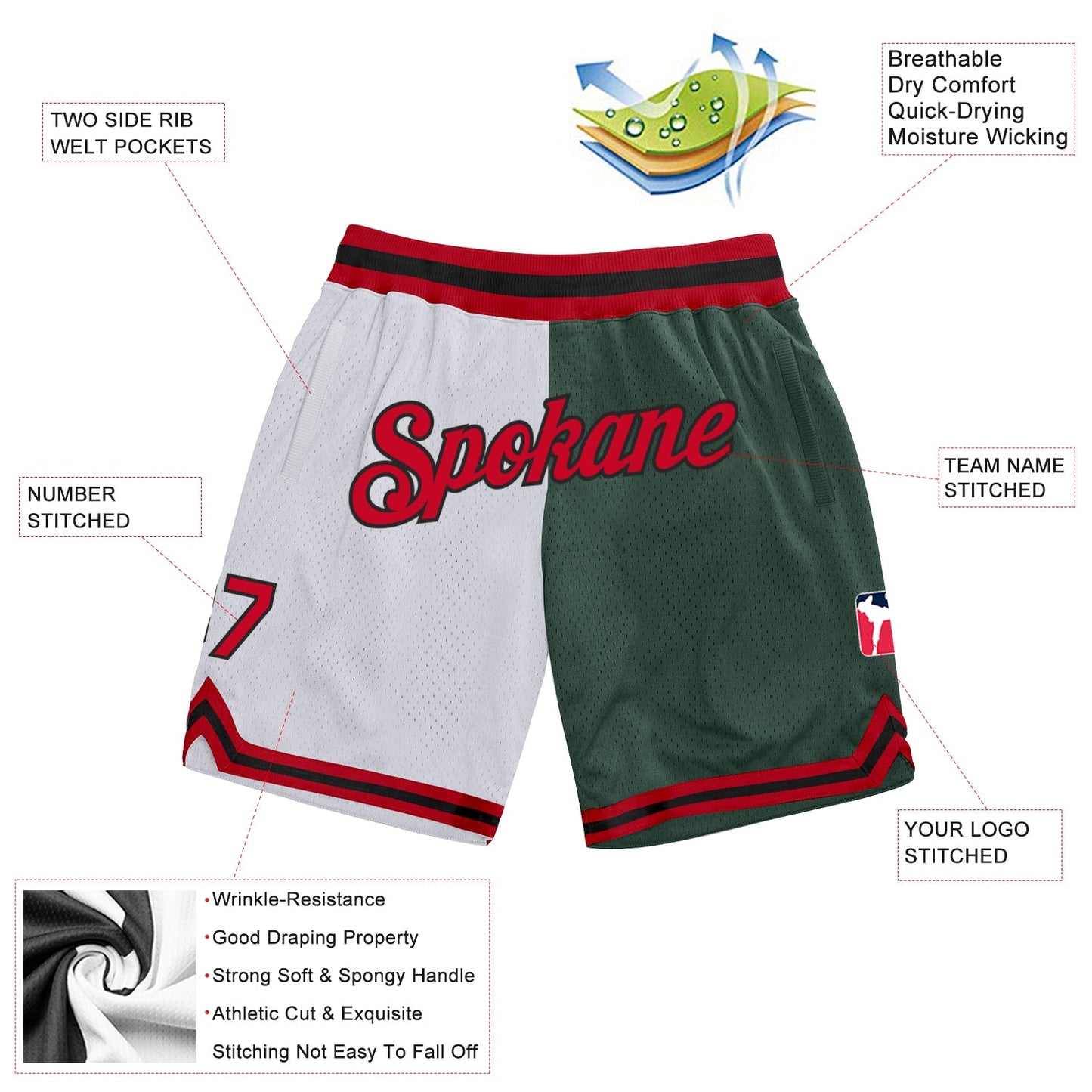 Custom White Red-Hunter Green Authentic Throwback Split Fashion Basketball Shorts view 2