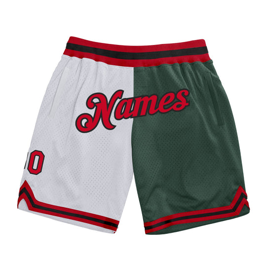 Custom White Red-Hunter Green Authentic Throwback Split Fashion Basketball Shorts - Main View