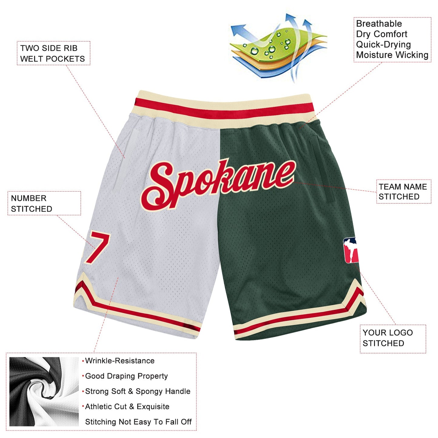 Custom White Red-Hunter Green Authentic Throwback Split Fashion Basketball Shorts view 2