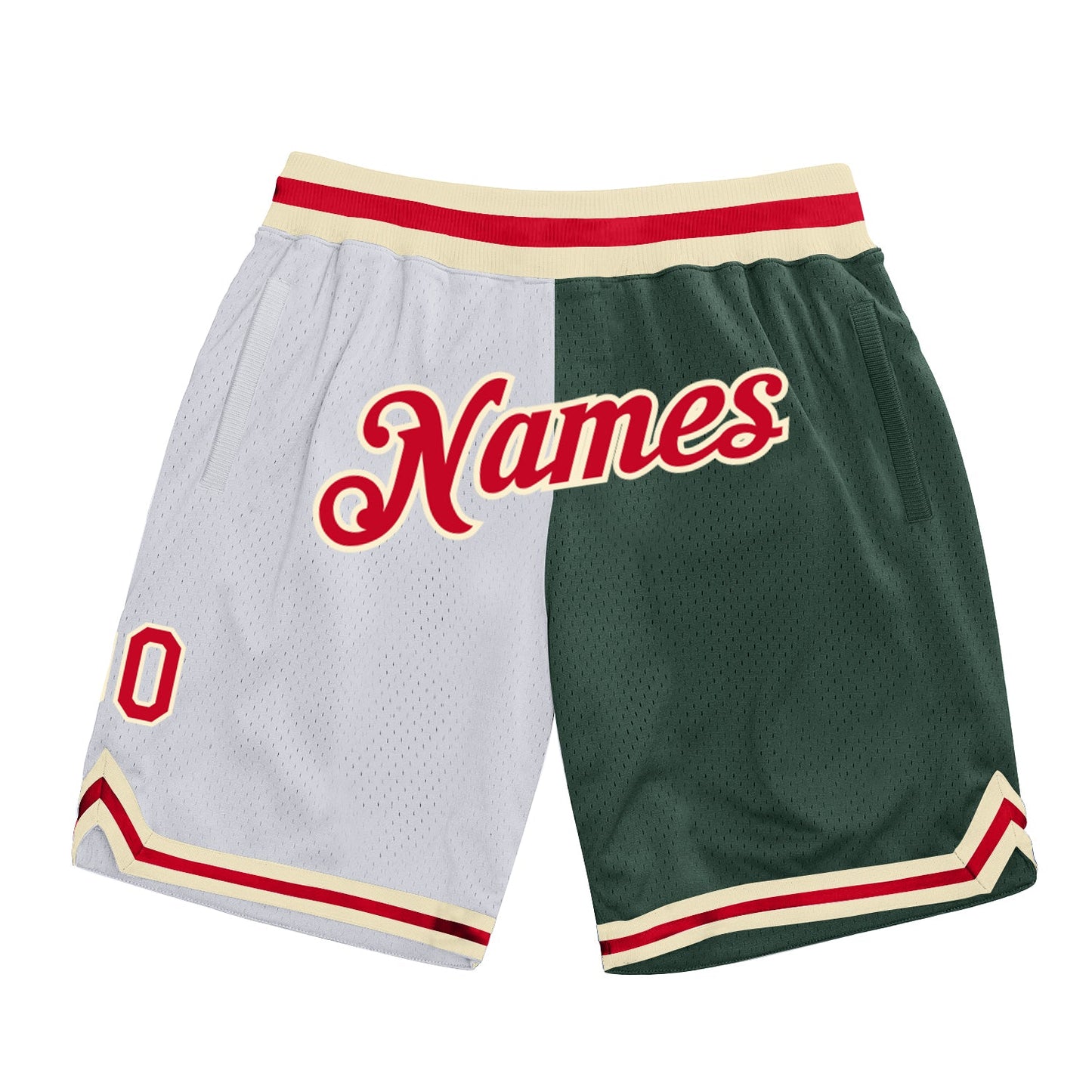 Custom White Red-Hunter Green Authentic Throwback Split Fashion Basketball Shorts - Main View