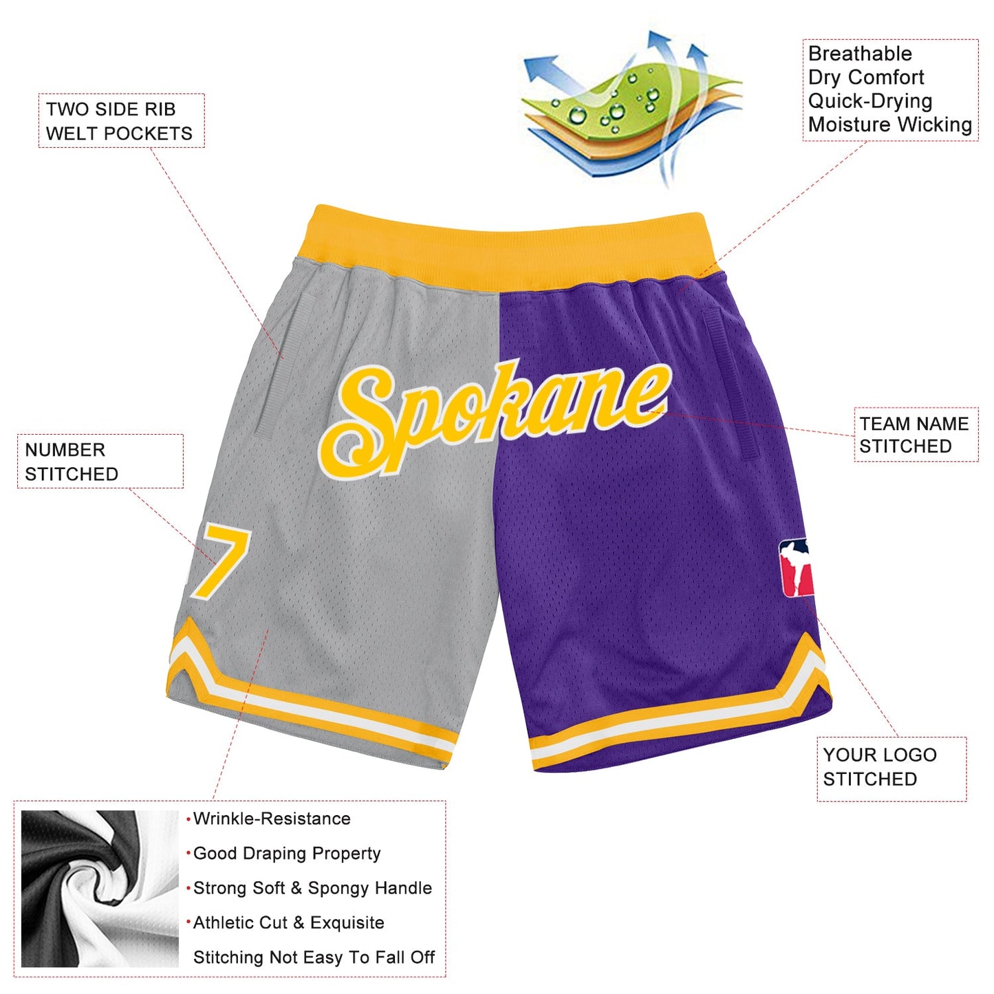 Custom Gray Gold-Purple Authentic Throwback Split Fashion Basketball Shorts view 2