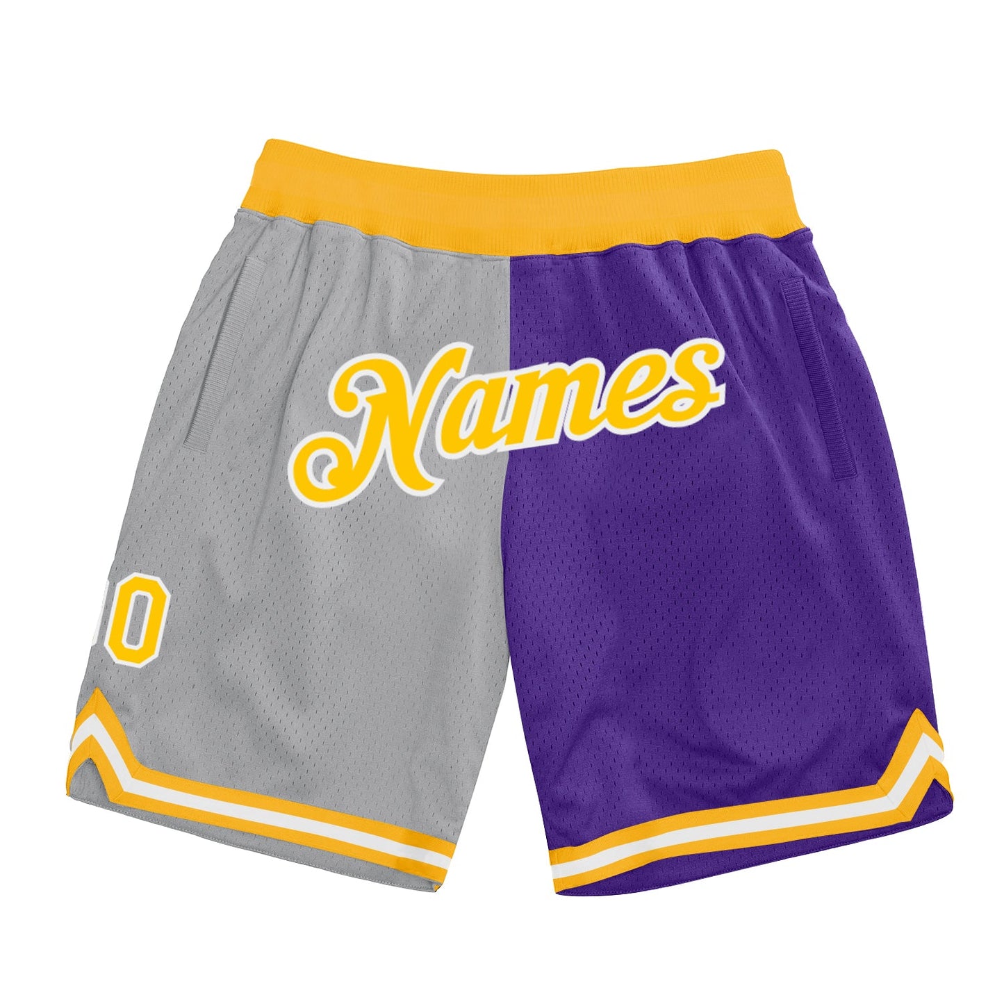 Custom Gray Gold-Purple Authentic Throwback Split Fashion Basketball Shorts - Main View