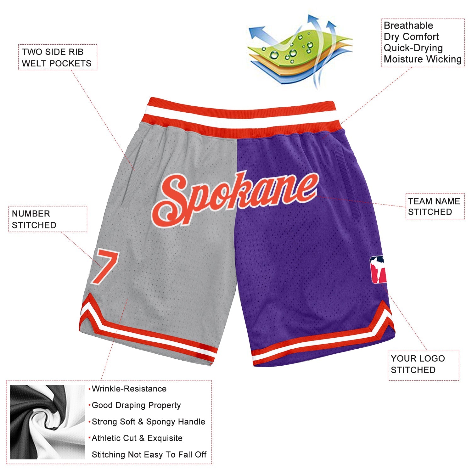 Custom Gray Orange-Purple Authentic Throwback Split Fashion Basketball Shorts view 2