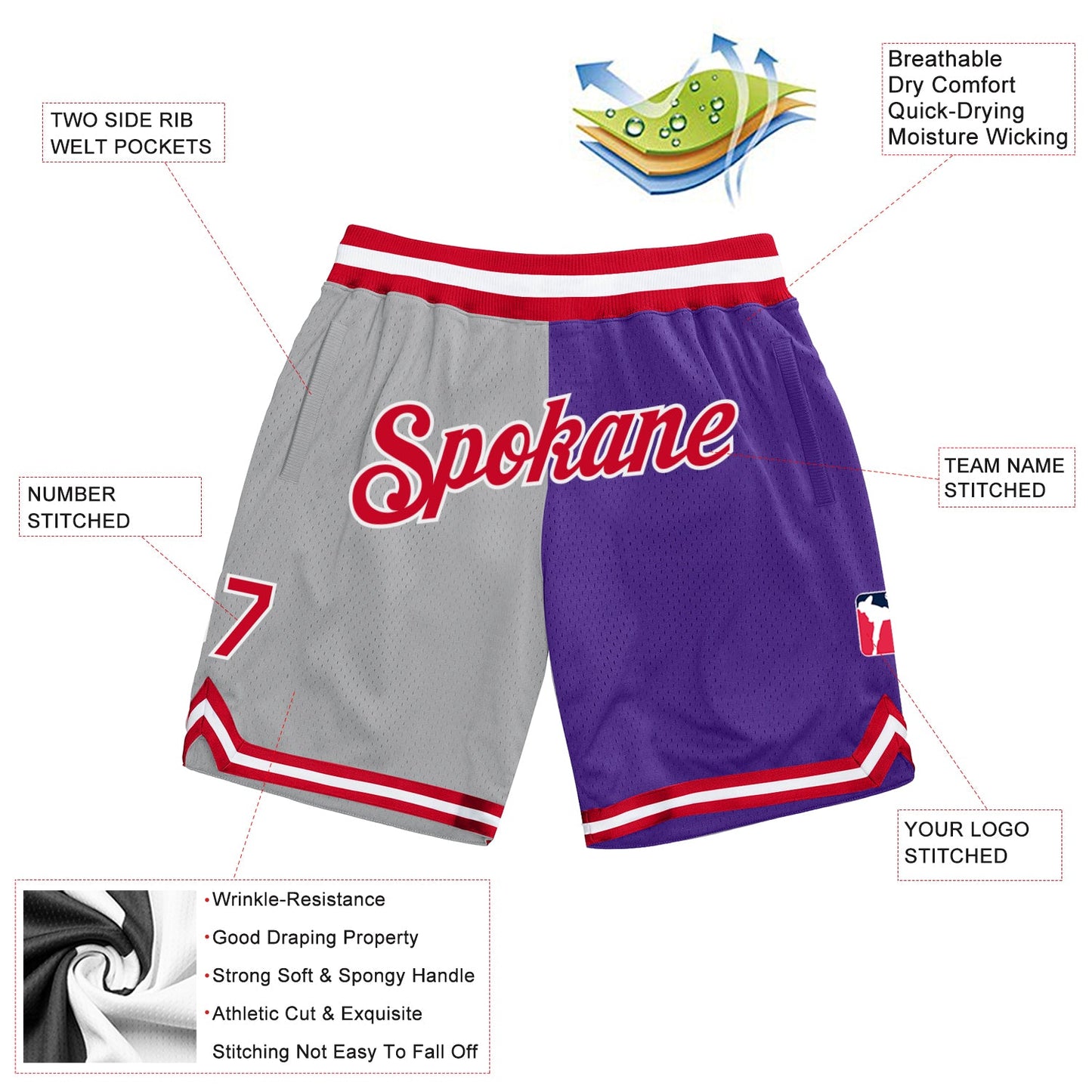 Custom Gray Red-Purple Authentic Throwback Split Fashion Basketball Shorts view 2
