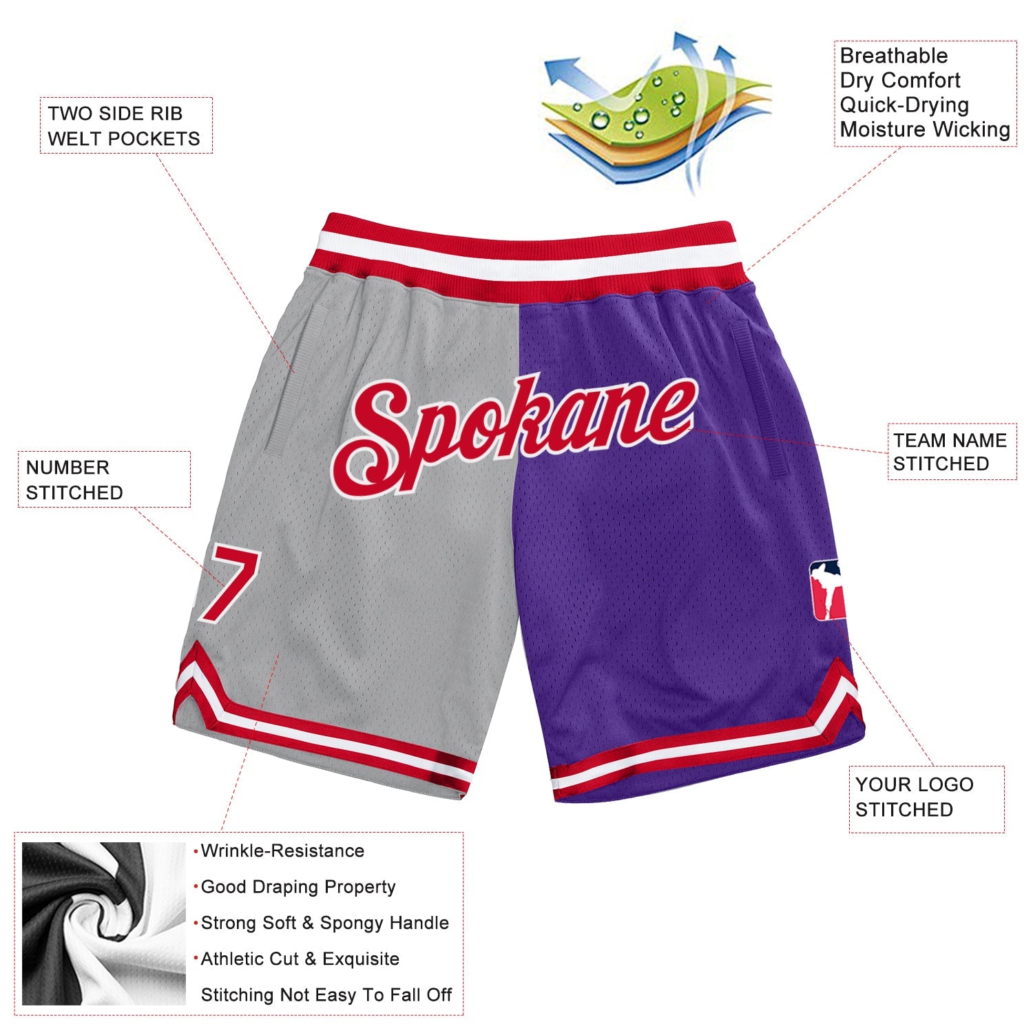 Custom Gray Red-Purple Authentic Throwback Split Fashion Basketball Shorts view 2