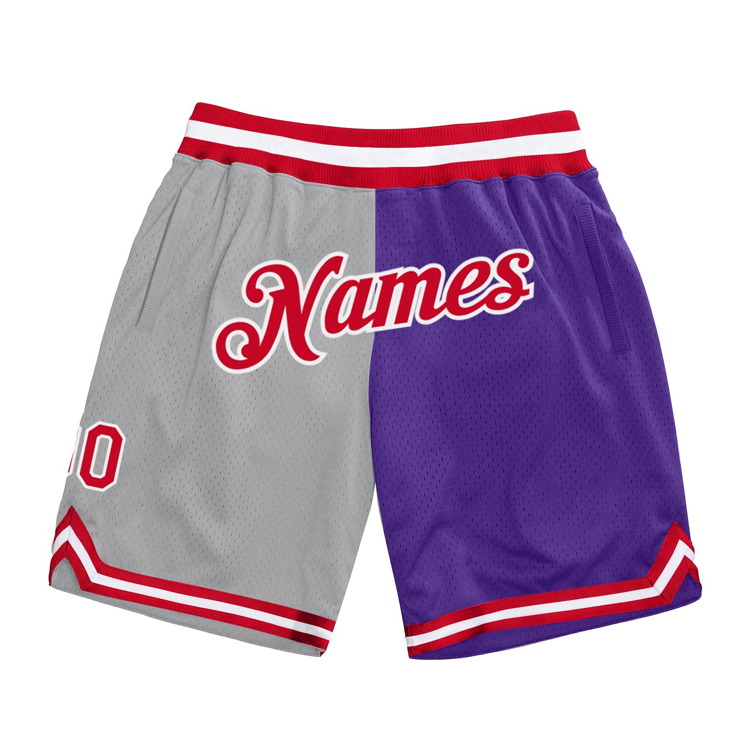 Custom Gray Red-Purple Authentic Throwback Split Fashion Basketball Shorts - Main View