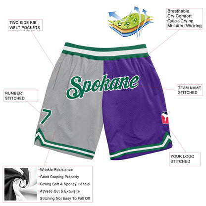 Custom Gray Kelly Green-Purple Authentic Throwback Split Fashion Basketball Shorts view 2