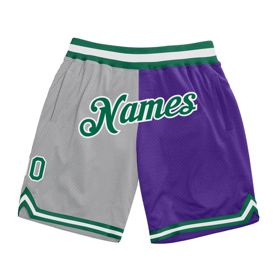 Custom Gray Kelly Green-Purple Authentic Throwback Split Fashion Basketball Shorts - Main View