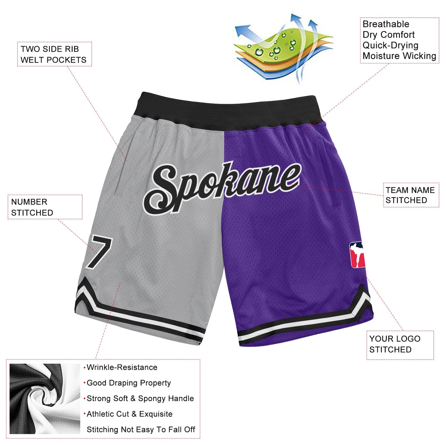 Custom Gray Black-Purple Authentic Throwback Split Fashion Basketball Shorts view 2