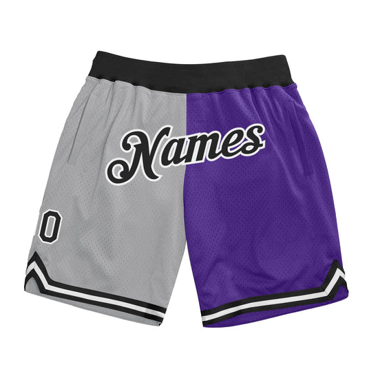 Custom Gray Black-Purple Authentic Throwback Split Fashion Basketball Shorts - Main View