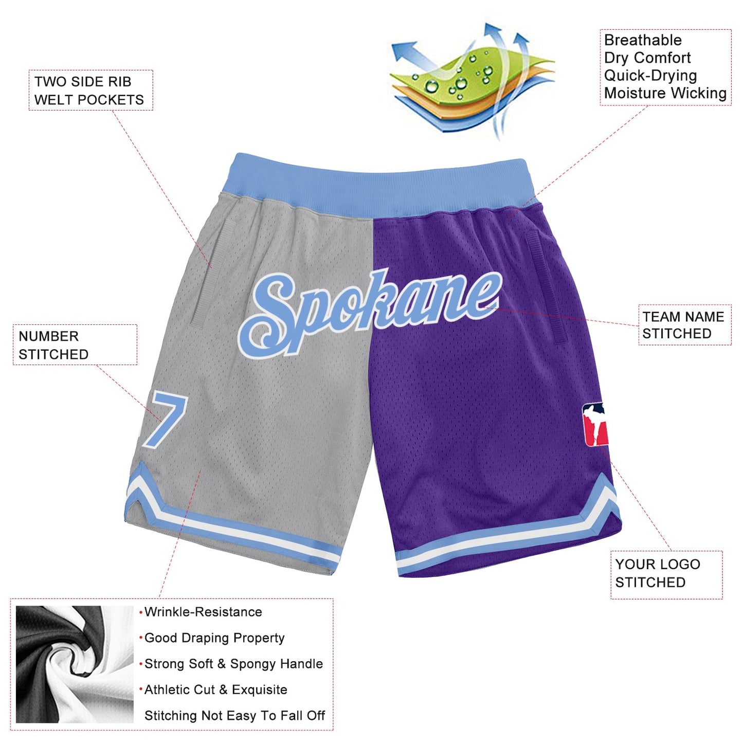Custom Gray Light Blue-Purple Authentic Throwback Split Fashion Basketball Shorts view 2