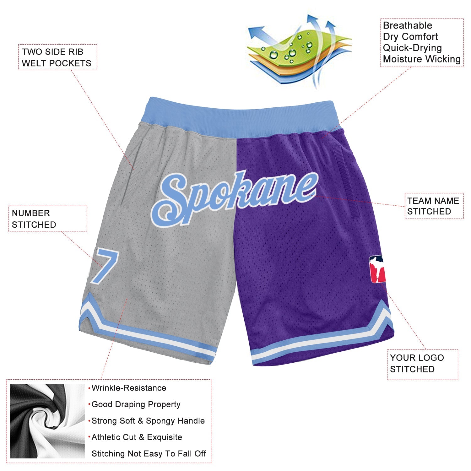 Custom Gray Light Blue-Purple Authentic Throwback Split Fashion Basketball Shorts view 2