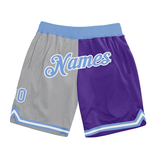 Custom Gray Light Blue-Purple Authentic Throwback Split Fashion Basketball Shorts - Main View
