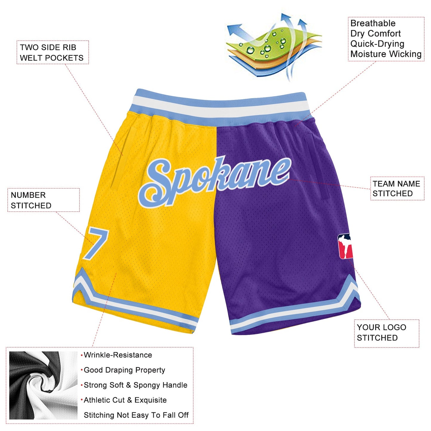 Custom Gold Light Blue-Purple Authentic Throwback Split Fashion Basketball Shorts view 2
