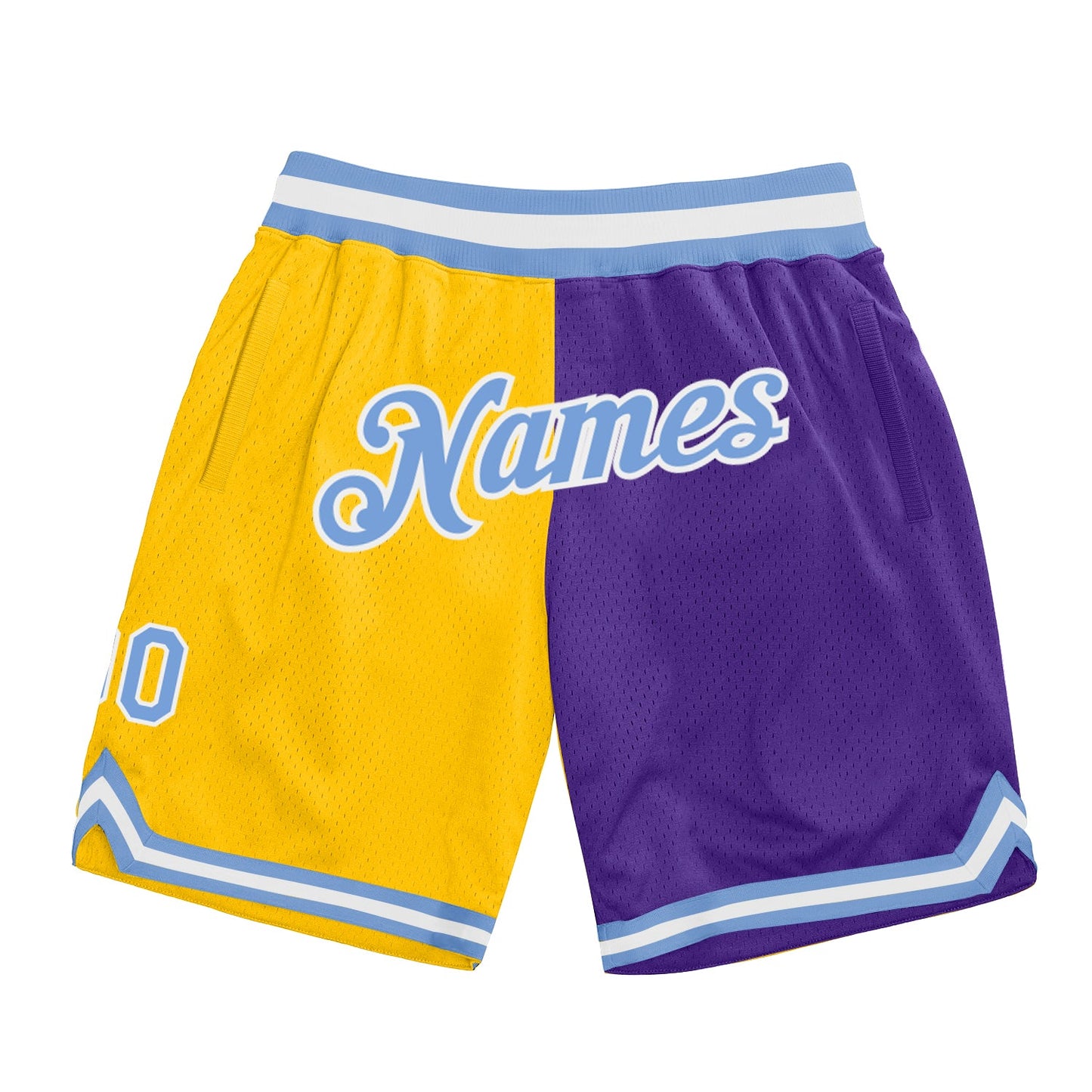 Custom Gold Light Blue-Purple Authentic Throwback Split Fashion Basketball Shorts - Main View