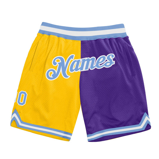 Custom Gold Light Blue-Purple Authentic Throwback Split Fashion Basketball Shorts - Main View