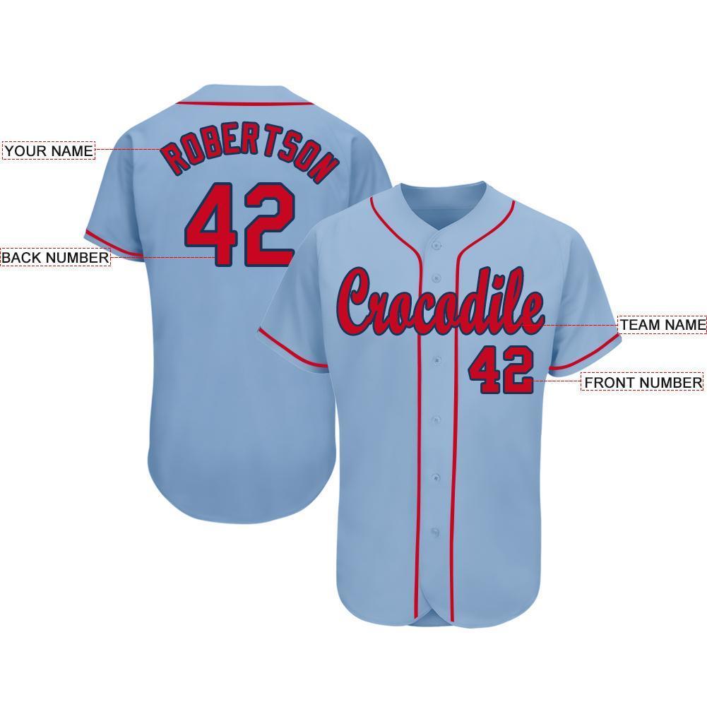 Custom Light Blue Red-Navy Baseball Jersey view 3