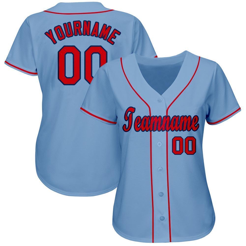 Custom Light Blue Red-Navy Baseball Jersey view 2