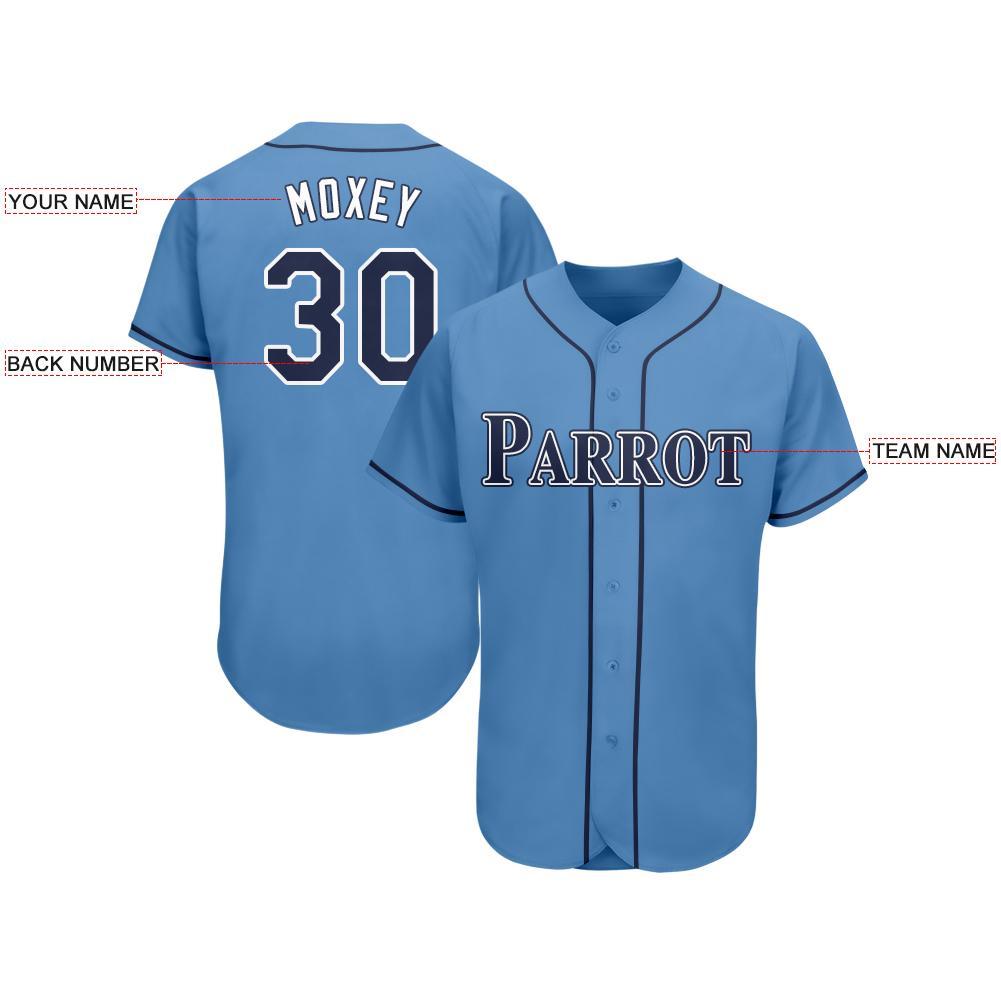 Custom Powder Blue Navy-White Baseball Jersey view 3