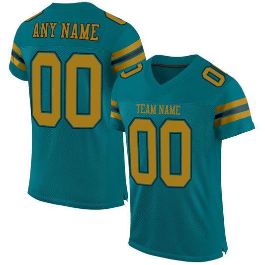 Custom Teal Old Gold-Black Mesh Authentic Football Jersey - Main View