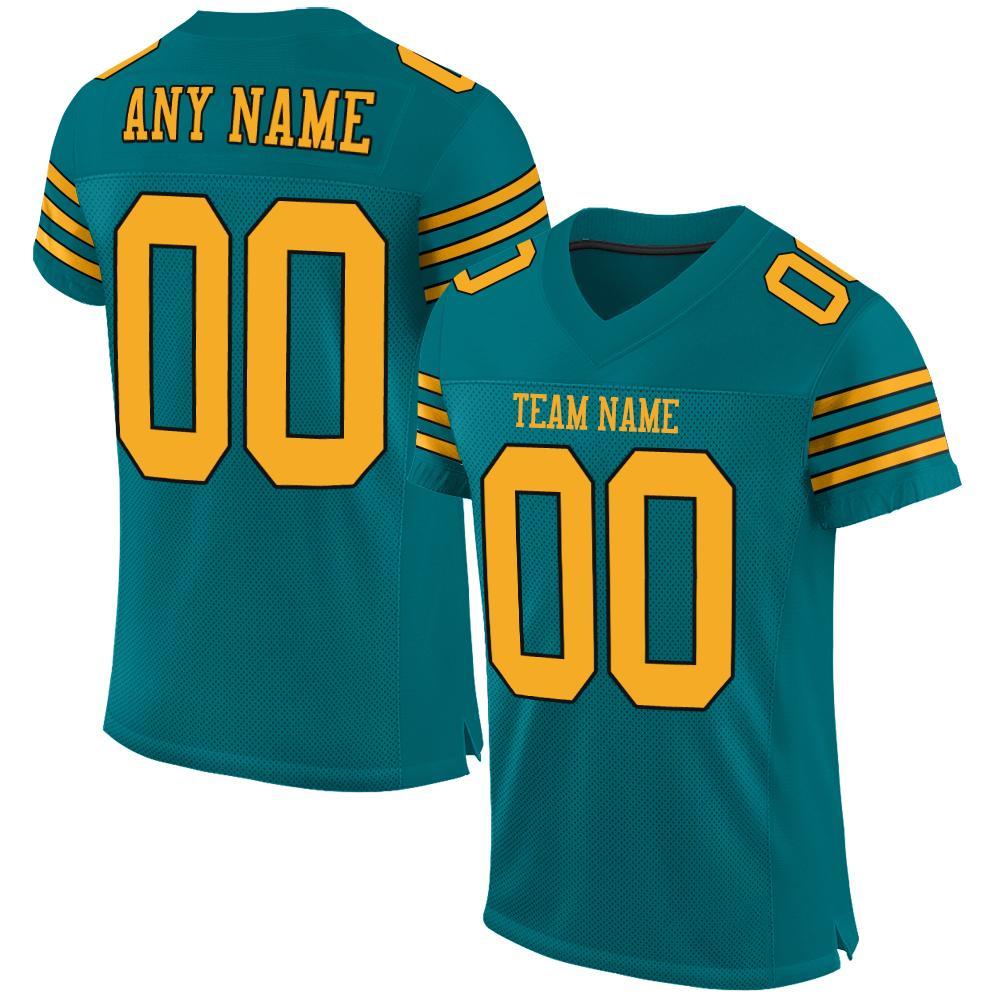 Custom Teal Gold-Black Mesh Authentic Football Jersey - Main View