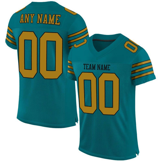 Custom Teal Old Gold-Black Mesh Authentic Football Jersey - Main View