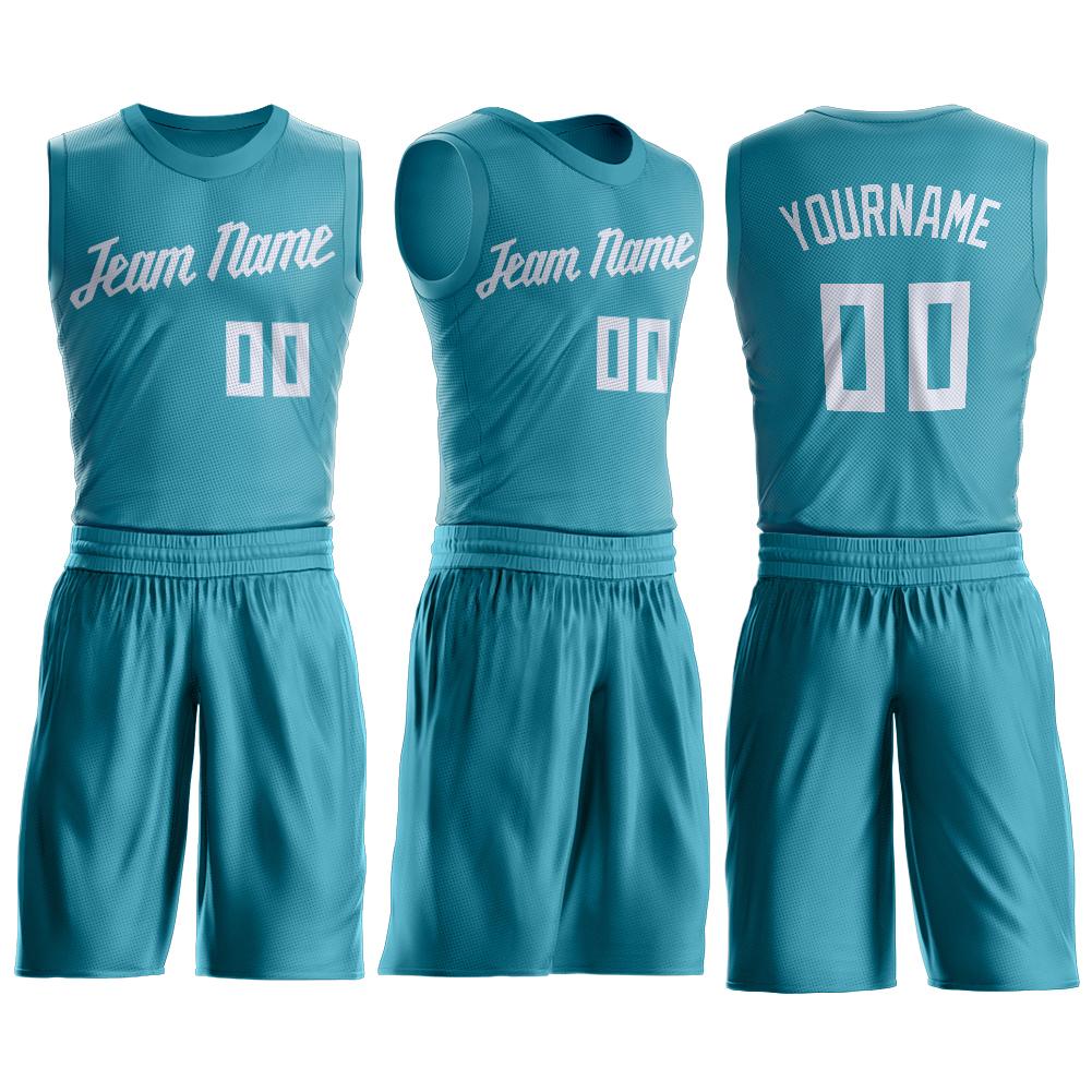 Custom Teal White Round Neck Basketball Uniform Jersey view 2