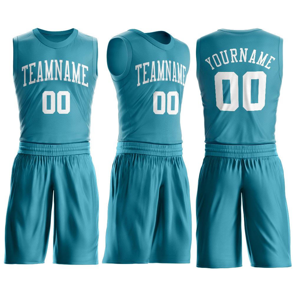 Custom Teal White Round Neck Basketball Uniform Jersey view 2