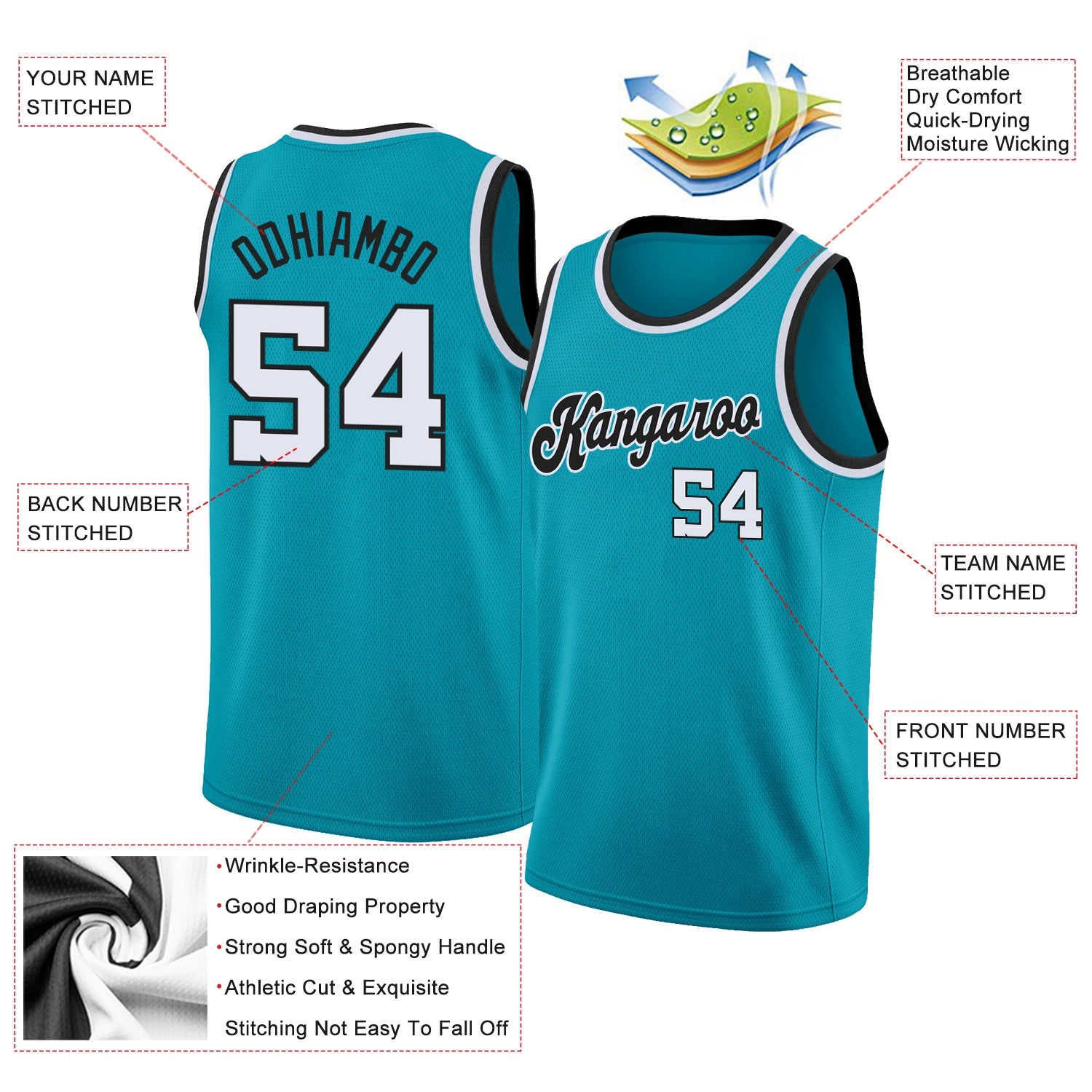 Custom Teal White-Black Round Neck Rib-Knit Basketball Jersey view 2